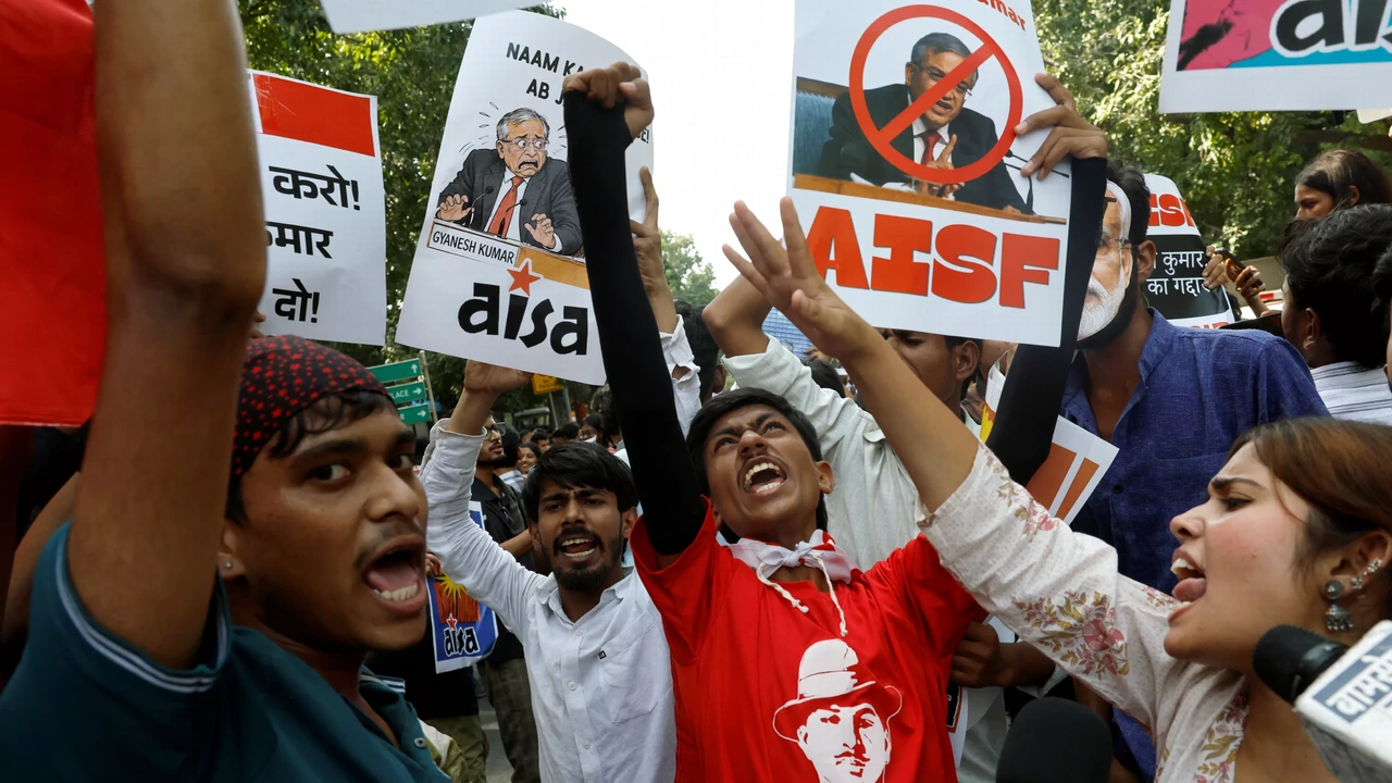 Demonstranten bij een eerdere actie in New Delhi op 3 oktober